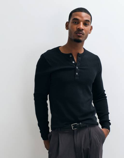 Abercrombie & Fitch top serafino slim fit a maniche lunghe a coste nero, 2 di 5