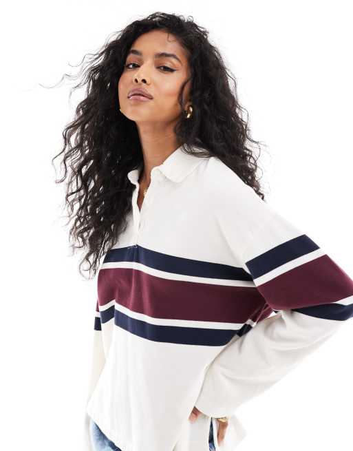 Abercrombie & Fitch - Top stile rugby crema con righe multicolore a contrasto