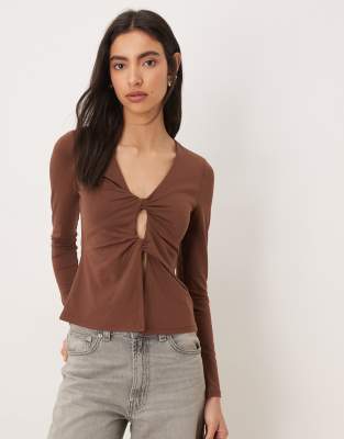 Top torsadé à découpe et manches longues - Marron-Brown 2XS