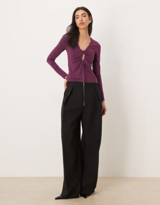 Top torsadé à découpe et manches longues - Prune-Violet S