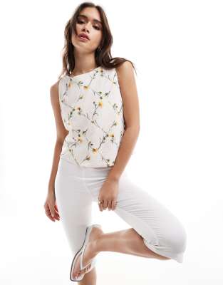 Abercrombie & Fitch - Top van kreukelstof met schuine hals en bloemenprint in crème