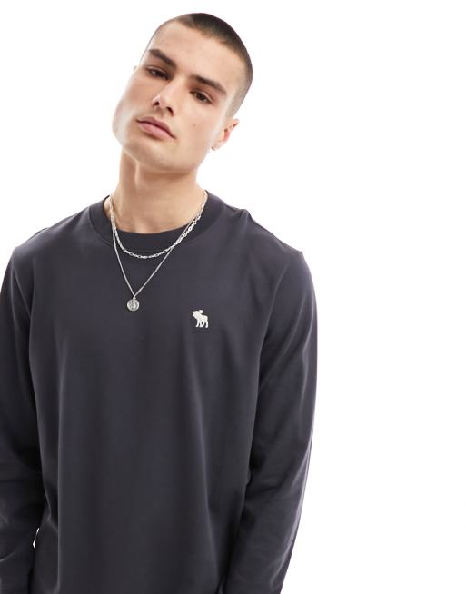 Abercrombie & Fitch - Top van zware stof met icoonlogo en lange mouwen in antraciet