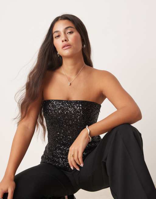 Abercrombie & Fitch - Top zonder bandjes met lange pasvorm en lovertjes in zwart