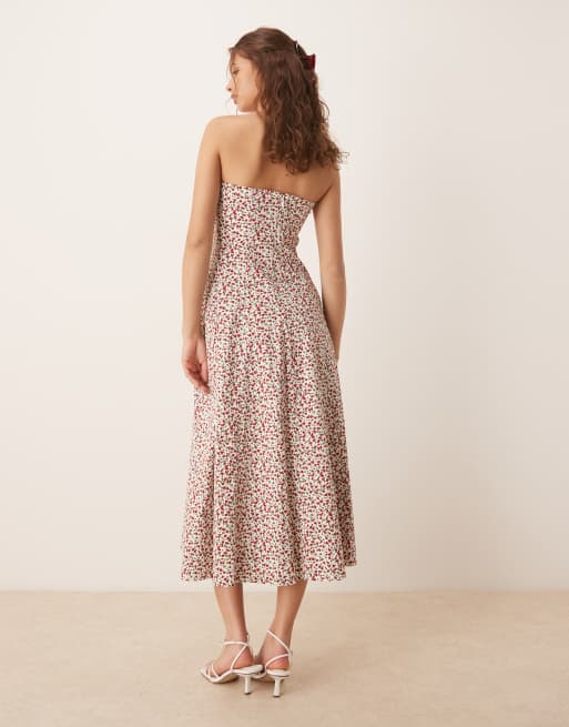 Abercrombie & Fitch – Trägerloses, ausgestelltes Midikleid in Rot mit Blumenmuster