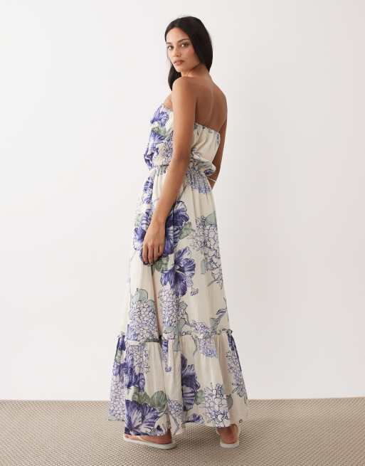 Abercrombie & Fitch – Trägerloses, gestuftes Maxikleid in Cremeweiß mit Blumenmuster, 4 von 4
