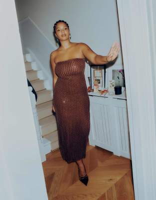 Abercrombie & Fitch - Trägerloses Maxikleid in Braun mit Perlen- und Paillettenbesatz-Brown