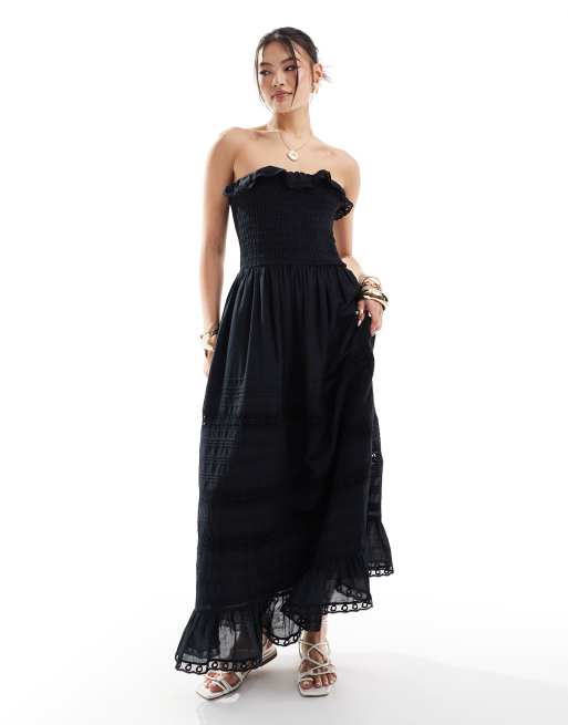 Abercrombie & Fitch – Trägerloses Maxikleid in Schwarz mit Lochstickerei-Detail