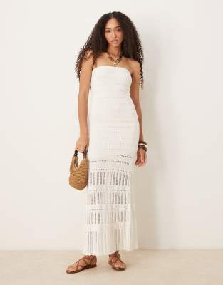 Abercrombie & Fitch - Trägerloses Midikleid in Creme aus Häkelspitze-Weiß