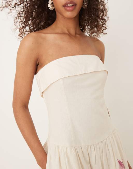 Abercrombie & Fitch – Trägerloses Midikleid in Cremeweiß geblümt mit abfallender Taille, 3 von 4