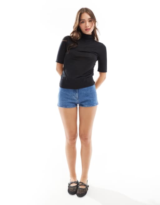 Abercrombie & Fitch – Transparentes Jersey-Oberteil in Schwarz mit halblangen Ärmeln und Stehkragen