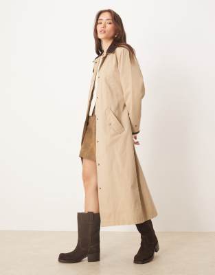 Abercrombie & Fitch - Trench-coat long en coton ciré - Fauve-Vert