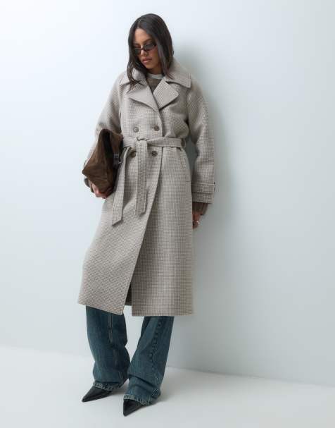 Abercrombie & Fitch trench con cintura in misto lana a pied de poule beige - view 1