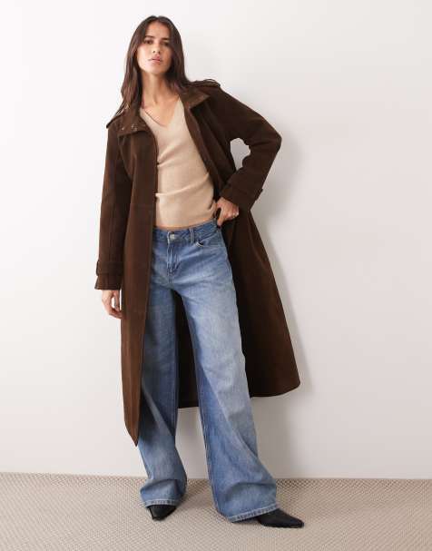 Abercrombie & Fitch Trenchcoat aus Kunstvelours mit Stehkragen und Gürtel in Braun - view 1