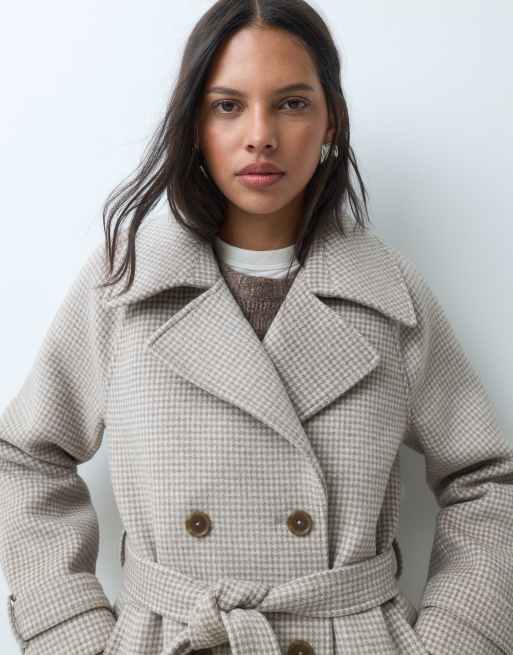 Abercrombie & Fitch trenchcoat med bælte i uldblanding og beige pepitatern, 2 af 5