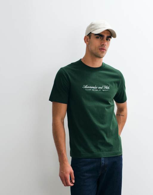 Abercrombie & Fitch trend chest script logo T-shirt in dark green, 2 of 5