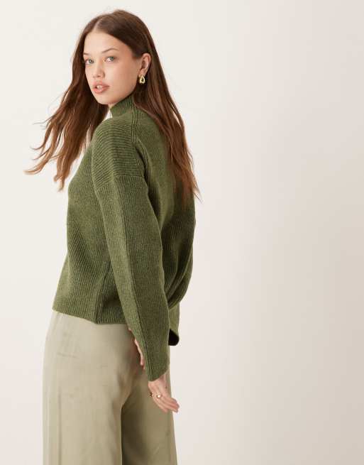 Allegra K Women's Ruffle Mock Neck Sweater - Bishop Sleeve Ribbed Pullover, Khaki, Medium - View #10