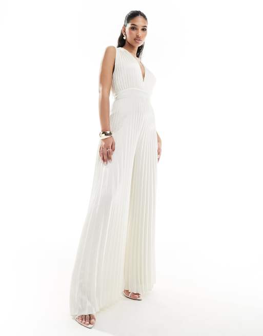 Abercrombie & Fitch - Tuta jumpsuit a pieghe color bianco sporco con scollo profondo