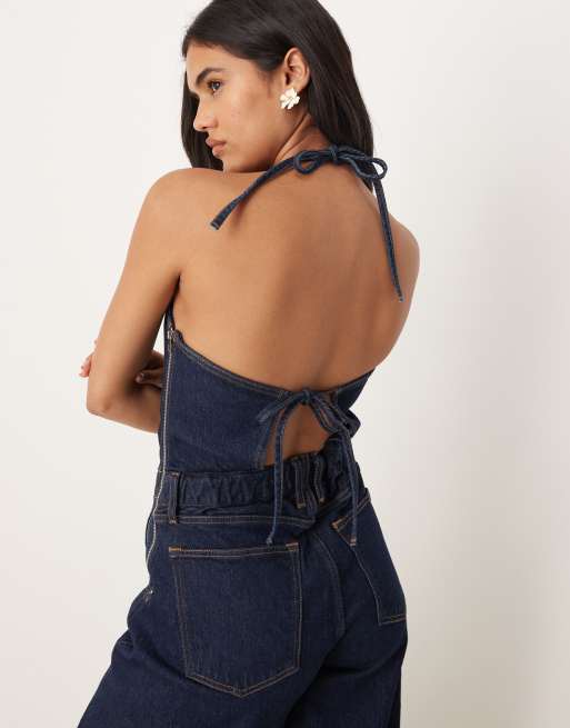 Salopette Short Jeans Femme - Denim Foncé, Coutures Dorées, Occasion Très Bon état