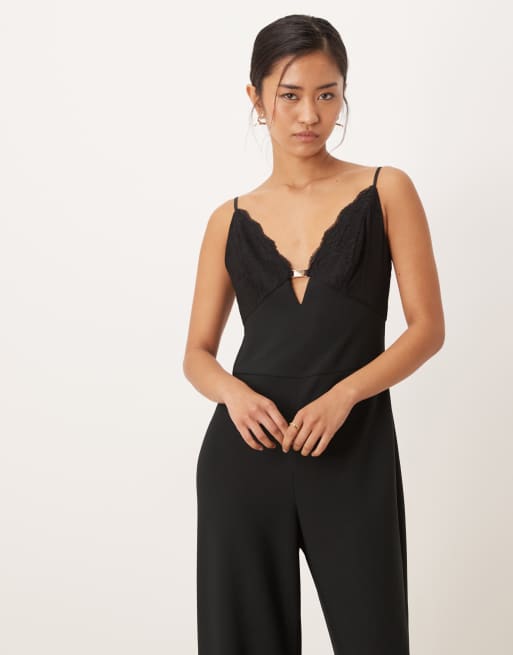 Abercrombie & Fitch - Tuta jumpsuit nera con scollo profondo e dettagli in pizzo