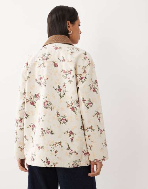 Abercrombie & Fitch twill barn jacket in cream floral, 3 of 4