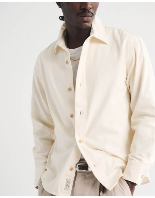 Abercrombie & Fitch Twill button-up shirt in cream, 3 of 6