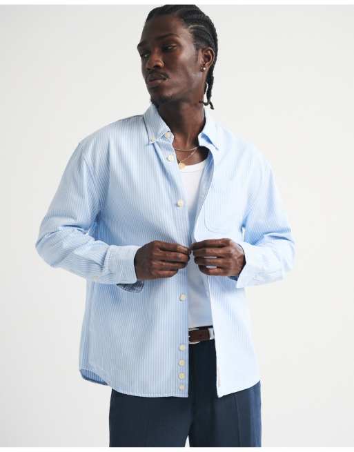 Abercrombie & Fitch Twill button-up shirt in light blue stripe, 3 of 6