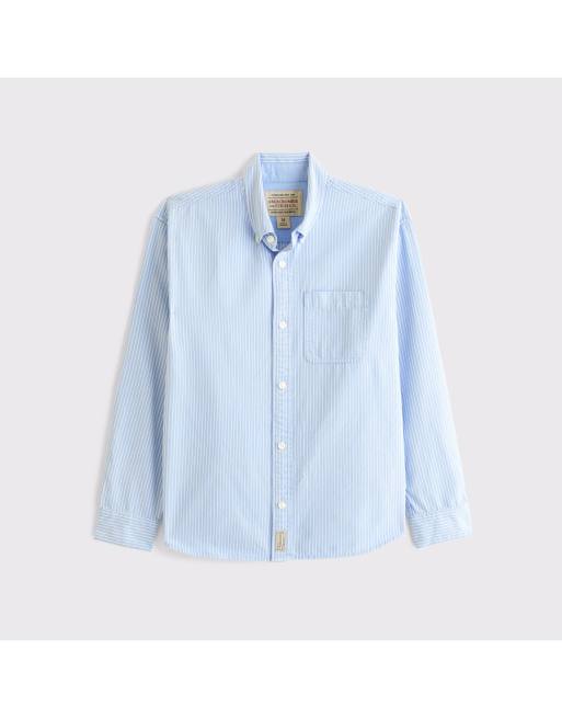 Abercrombie & Fitch Twill button-up shirt in light blue stripe, 6 of 6