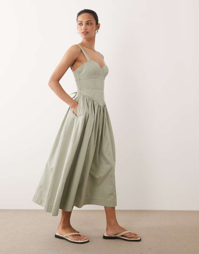 Abercrombie & Fitch twill v neck midi dress in mid green