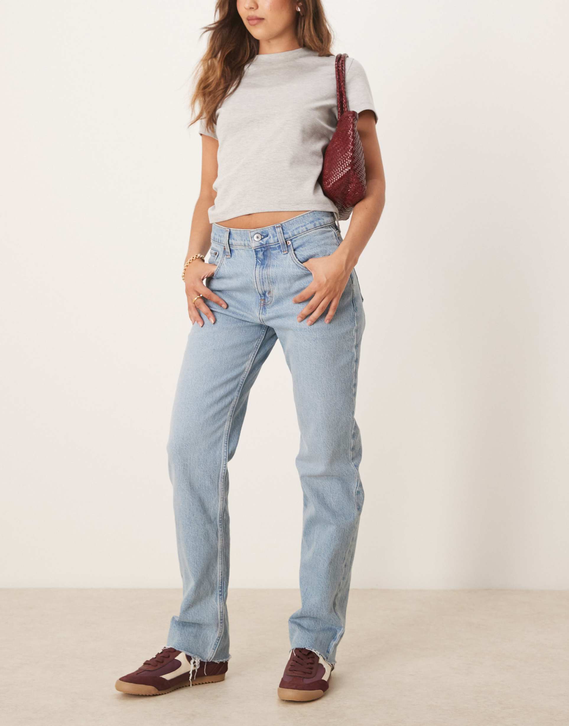 abercrombie & fitch ultra high rise raw hem ankle length straight leg jeans in medium wash