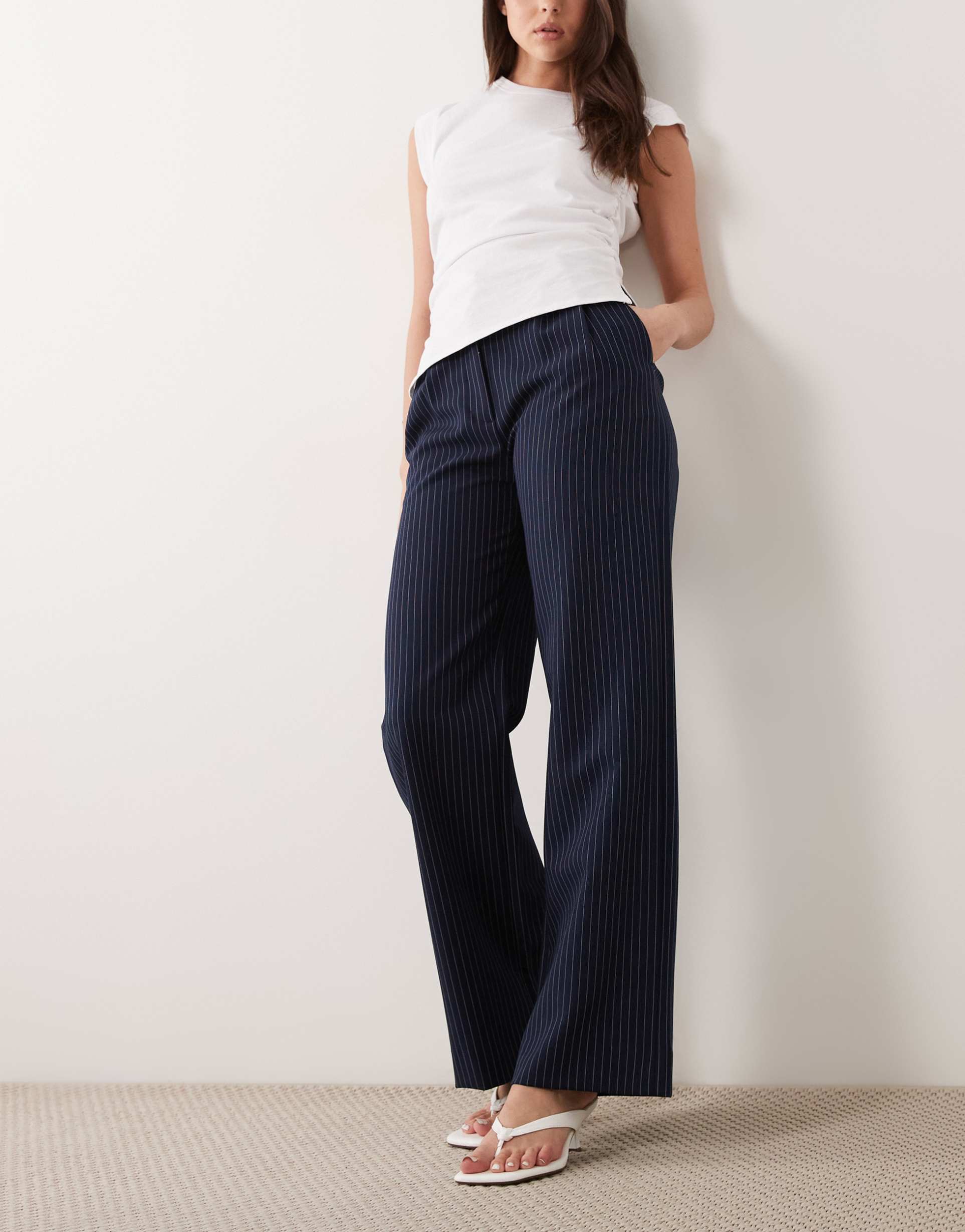 abercrombie & fitch ultra high rise sloane pants in navy pinstripes