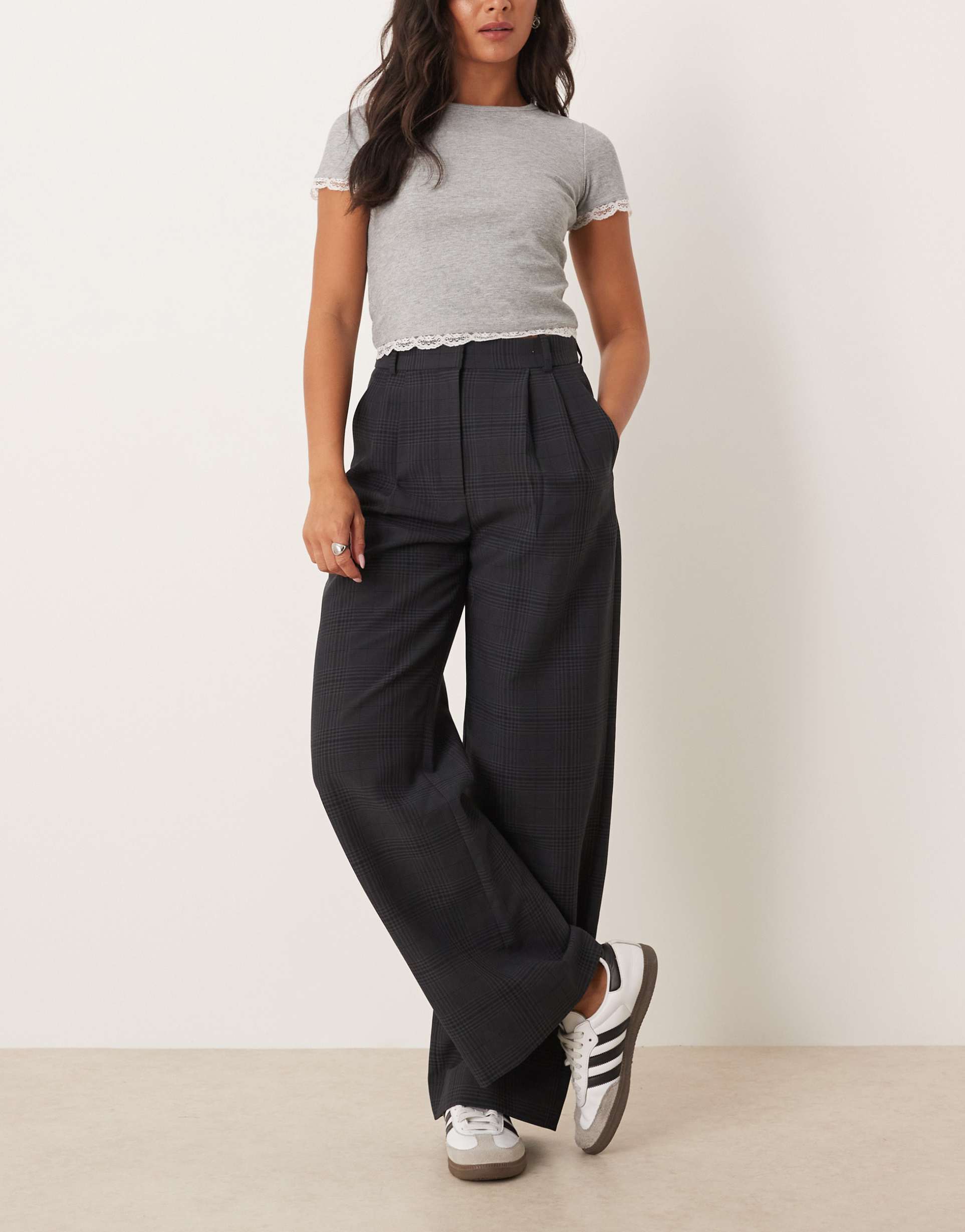 abercrombie & fitch ultra high rise sloane wide leg pants in micro plaid black