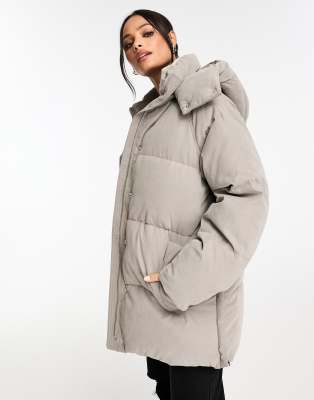 Abercrombie & Fitch ultra mid length puffer coat with hood in light brown