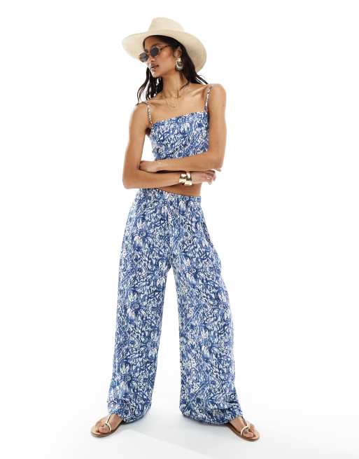 Abercrombie & Fitch ultra wide leg crinkle pants in blue print (part of a set)