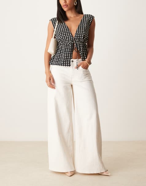 Abercrombie & Fitch ultra wide leg trouser in ecru - view 1