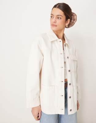 utility shacket with leather collar in beige-White