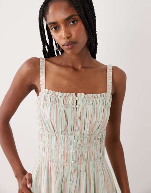 Abercrombie & Fitch v neck button through maxi dress in pastel stripe, 3 of 4