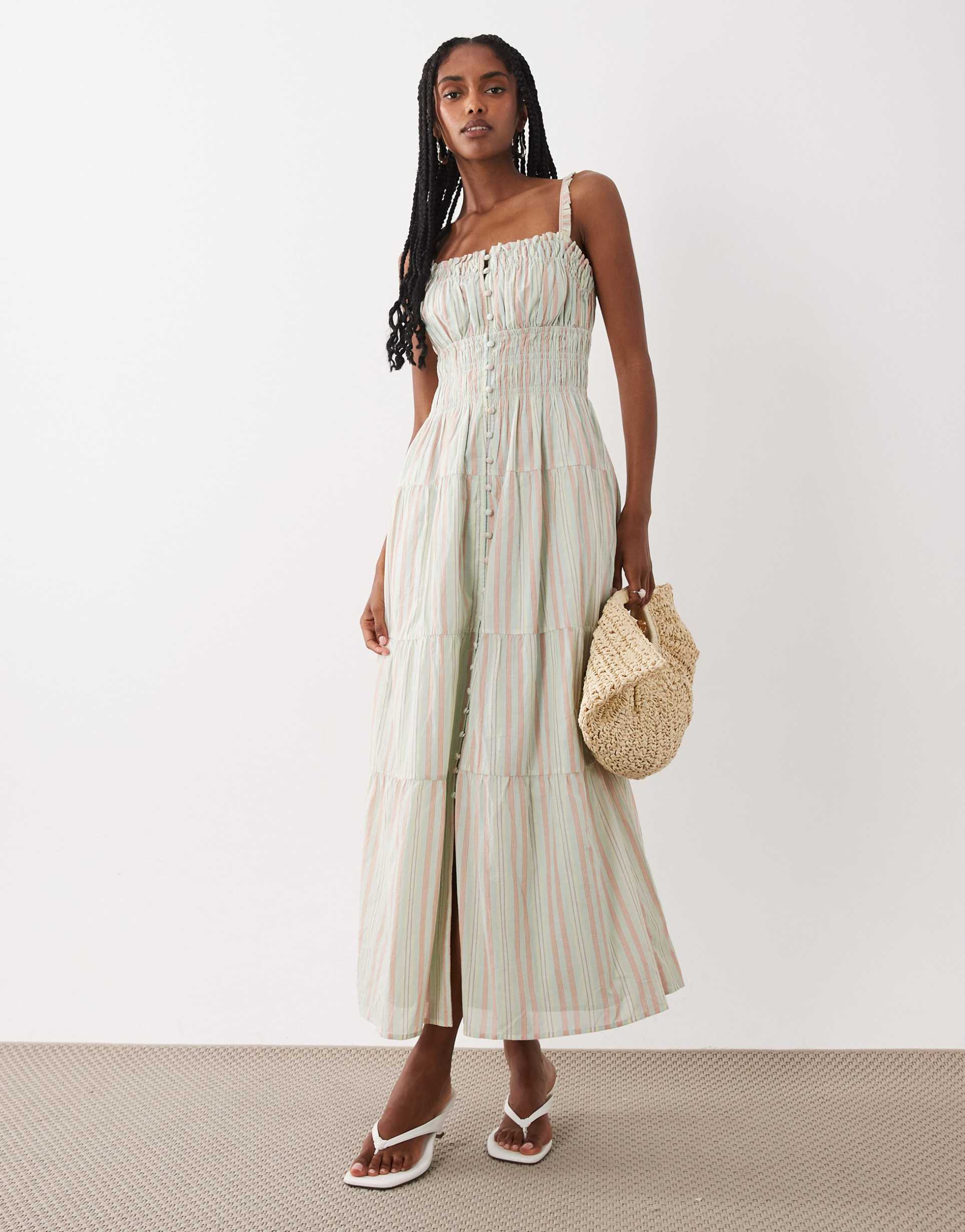abercrombie & fitch v neck button up maxi dress in pastel striped print