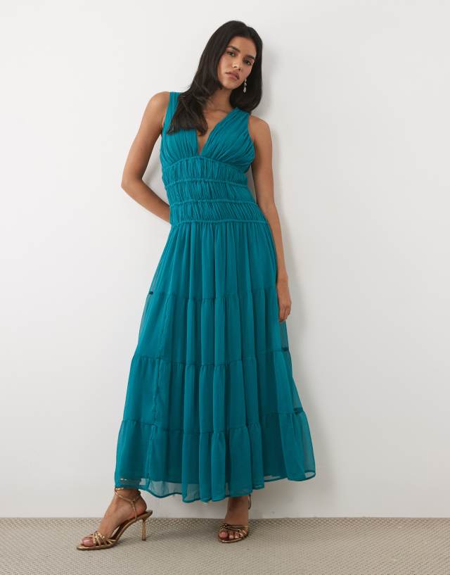 blue dress flowy Abercrombie & Fitch v-neck crinkle chiffon maxi in teal Blue strappy maxi dress