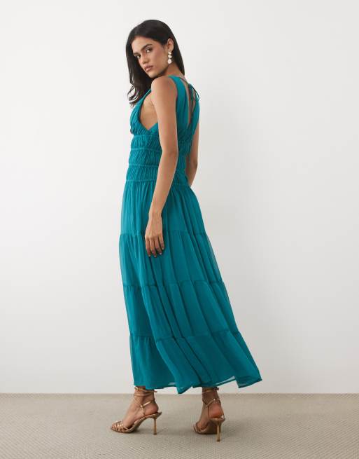 abercrombie chiffon dress Abercrombie & Fitch v-neck flowy crinkle chiffon maxi dress in teal blue