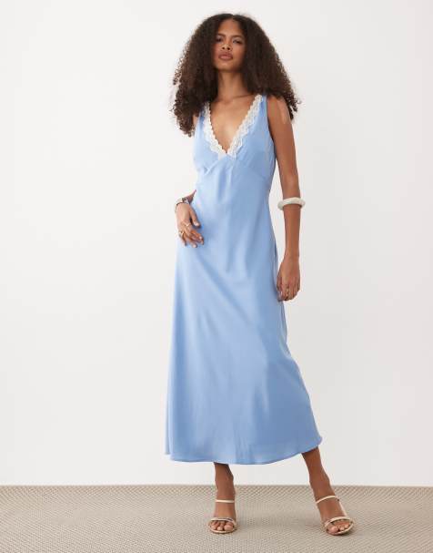 Abercrombie & Fitch v-neck lace trim midaxi slip dress in blue - view 1