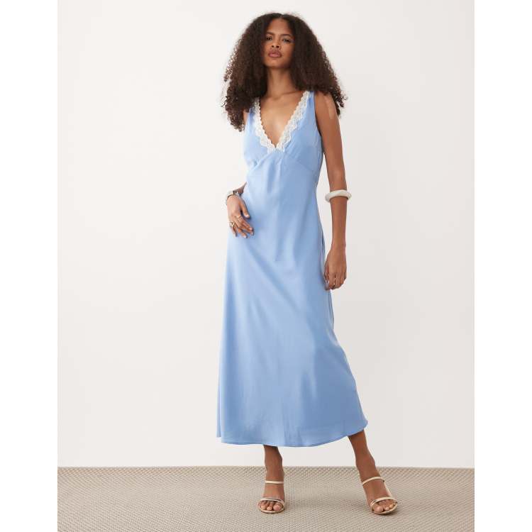Abercrombie & Fitch v-neck lace trim midaxi slip dress in blue | ASOS