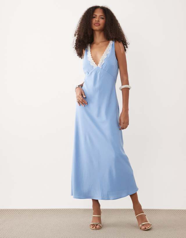 blue dress white trim Abercrombie & Fitch v-neck lace midaxi slip in Shell step into it