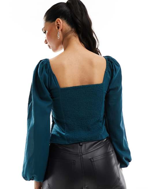 Abercrombie Fitch v neck long sleeve top with gathered front in teal blue ASOS