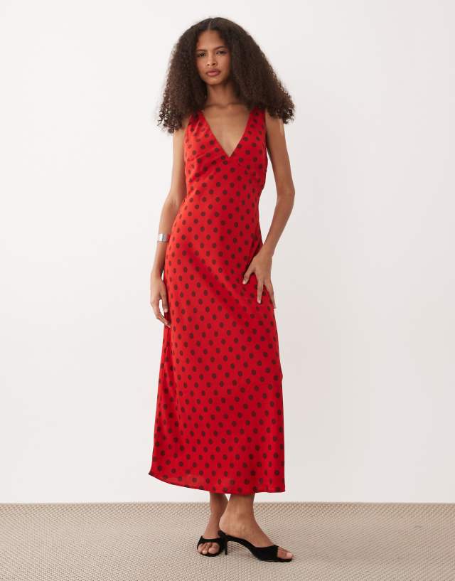 Abercrombie & Fitch v-neck midi slip dress in red polka dots | ASOS