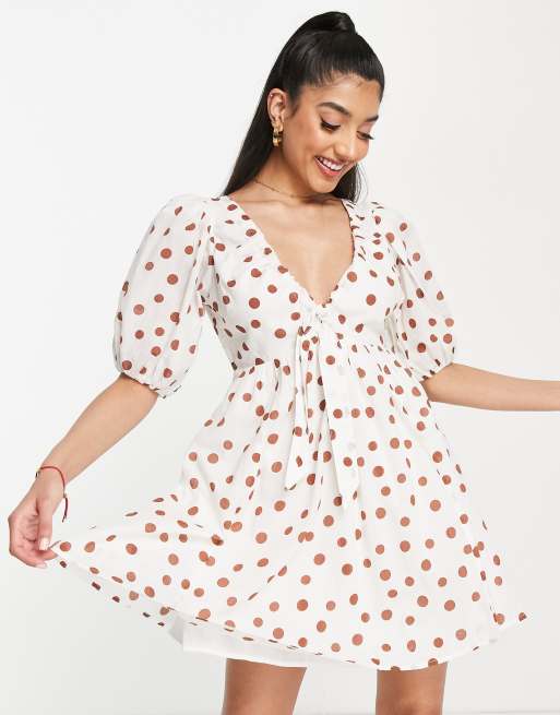 Abercrombie And Fitch V Neck Puff Sleeve Mini Dress In White Dot Asos