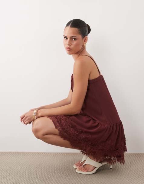 Abercrombie & Fitch v neck ruffle hem mini dress in burgundy - view 1