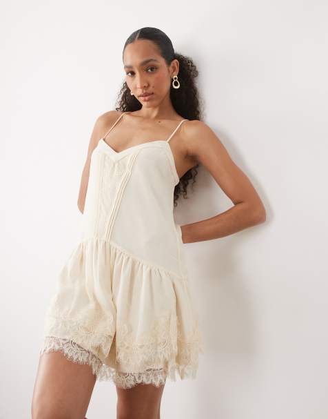 Abercrombie & Fitch v neck ruffle hem mini dress in cream - view 1