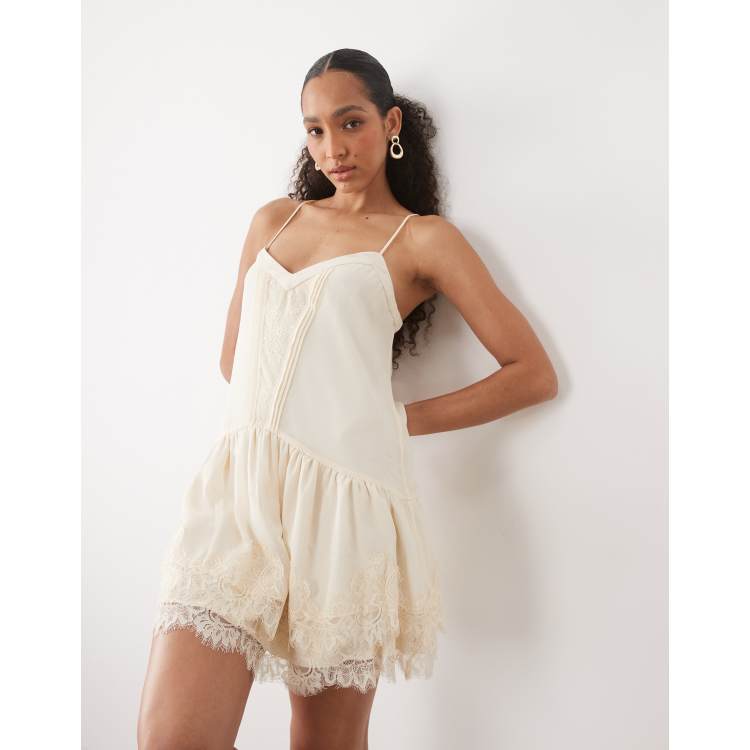 Abercrombie & Fitch v neck ruffle hem mini dress in cream | ASOS