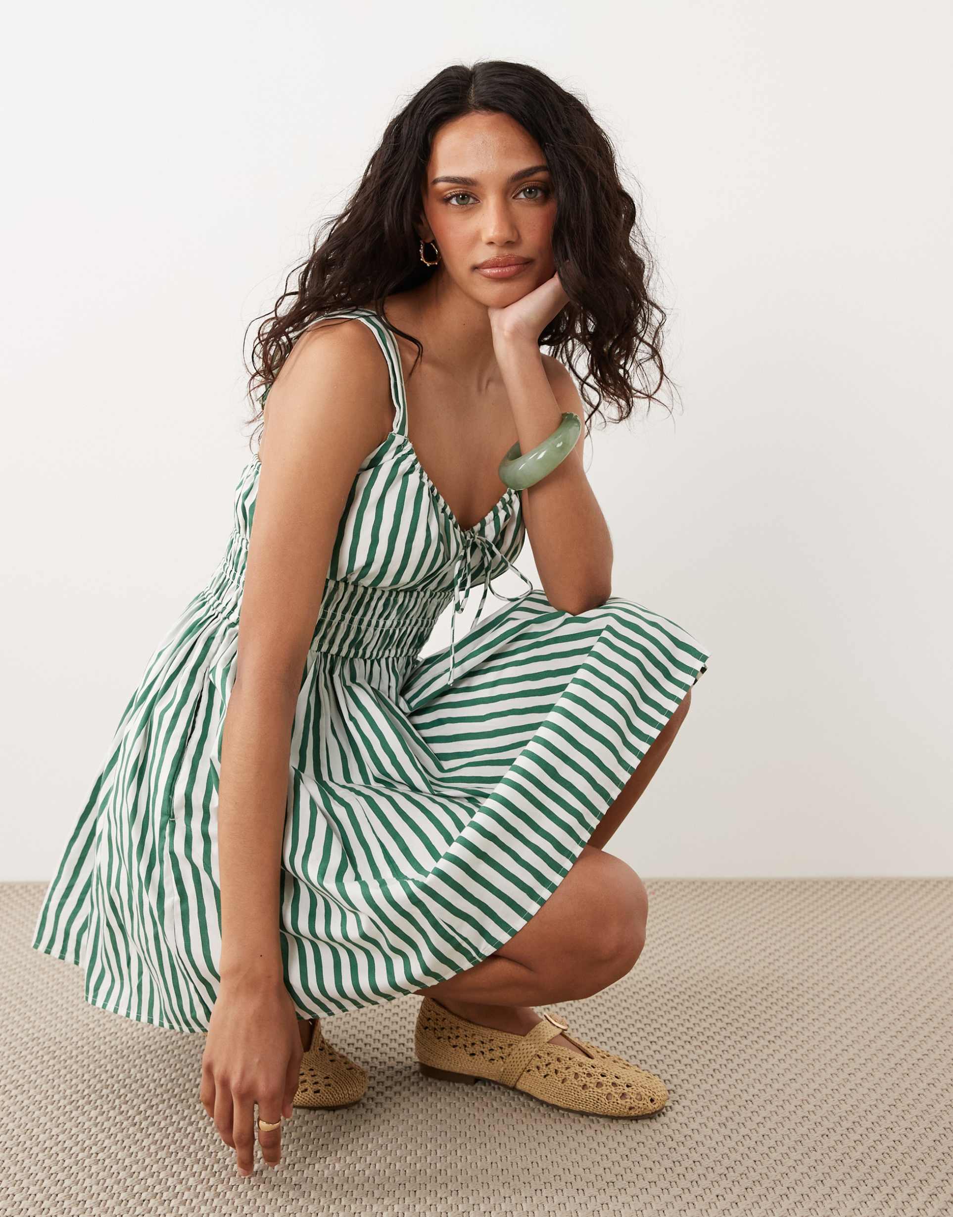 abercrombie & fitch v-neck smocked skort mini dress in white and green pinstripes