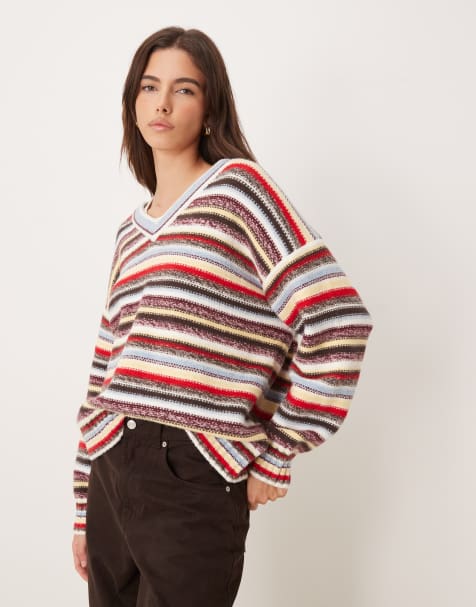Abercrombie & Fitch v-neck striped long sleeve jumper in multi - view 1